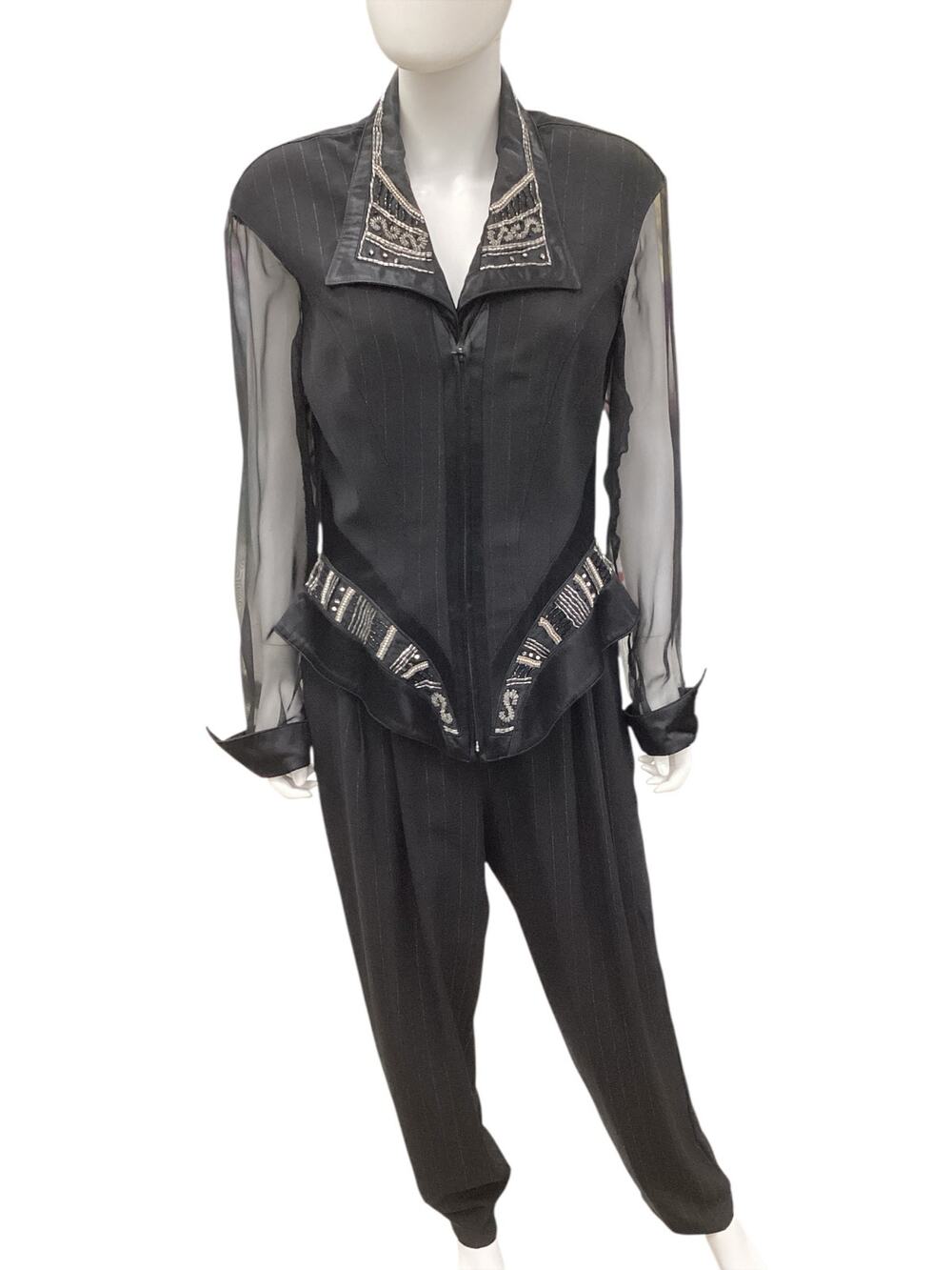 VTG Cache Set Jacket+Pants Women’s Size12 Made In USA Sheer Sleeve Beaded Collar